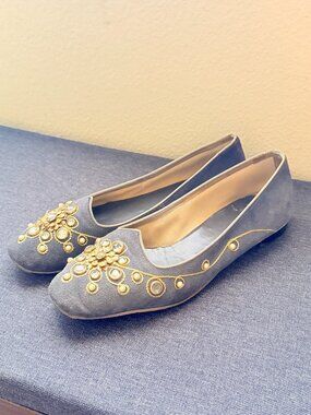 Vintage Grey Suede Jeweled Rhinestone Flats